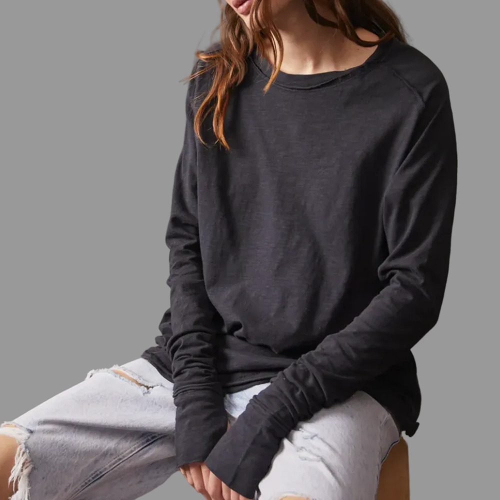 Free People Arden Slouchy Oversized Tee Black Slub Cotton Long Sleeve Medium